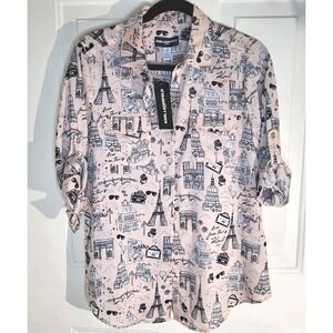 KARL LAGERFELD LOVE FROM PARIS PINK AND BLACK PRINT BLOUSE Roll Tab LS NWT (S)